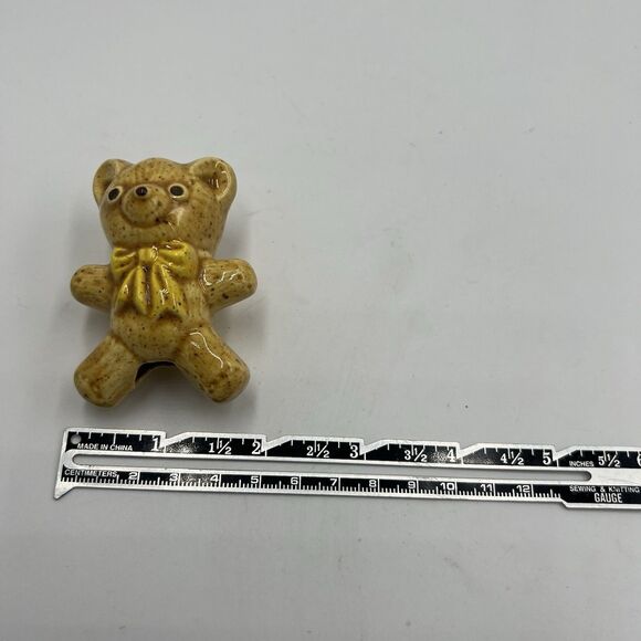Rare Vintage Macrame Ceramic Bead Baby Bear Brown Yellow Bow Figurine Stuffy - Picture 7 of 7